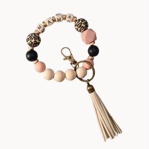 Wood, Pink Cheetah Beaded Mama Bracelet Key Chain With Tassel